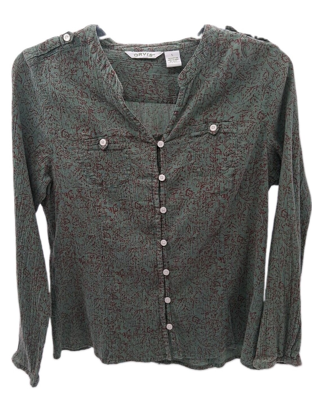 Orvis Shirt Women's Large Green Button Up Top All Over Print Lightweight Casual